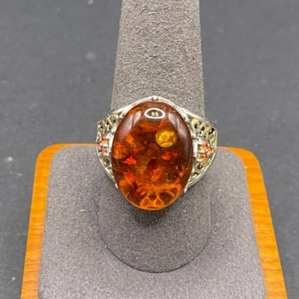 VTG STS 925 Sterling Silver Baltic Amber Solitaire Ring Filigree Accent Sz 9.75